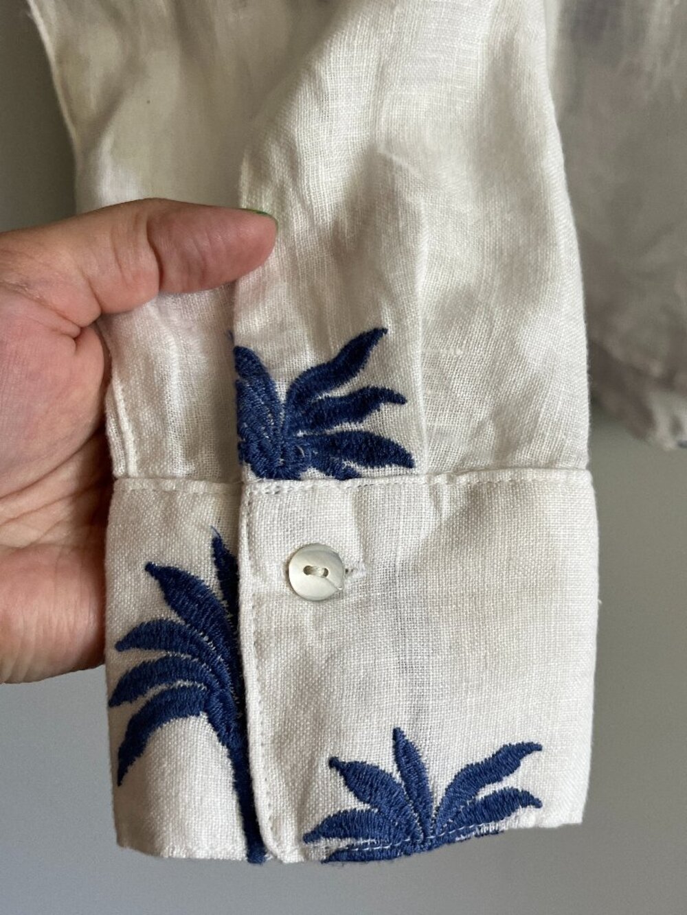 Calypso St Barth Top Size Medium Printed Palm Tree Linen White Tropical Coastal - Picture 4 of 9